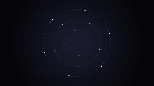 Abstract digital background with glowing white dots connected by thin circular lines on dark blue