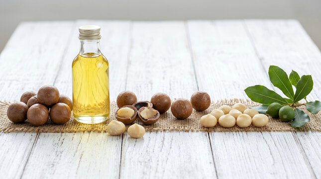 Macadamia nuts and oil on a rustic wooden background