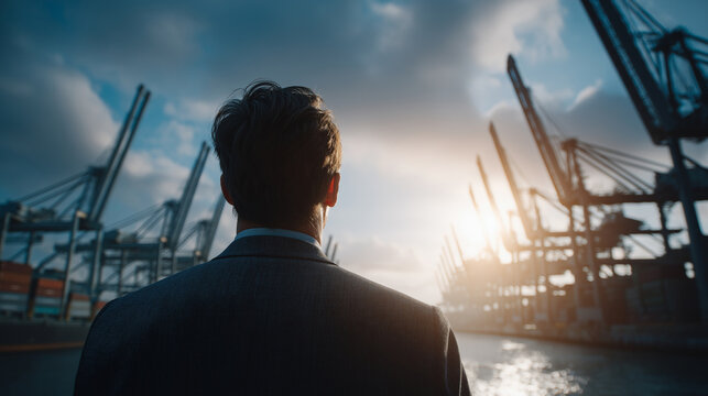 Harbor Master's Vision: A businessman in a suit stands at the forefront of a bustling shipping port, his back to the camera.