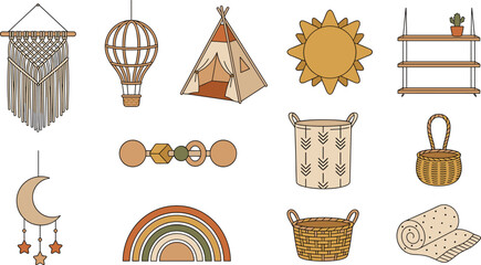 Boho Nursery Decor Collection with Macrame Rainbow Teepee Hot Air Balloon Baskets and Scandinavian Baby Room Elements © MdNazmul