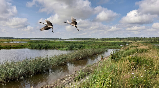Two cranes flying over a serene river landscape with lush greenery and clouds