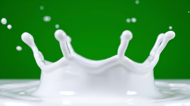 White drop falling into liquid creating crown splash isolated on green screen background, high speed macro