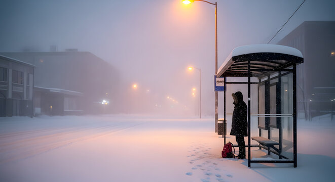 Person waiting at a snowy bus stop at night. Silhouette in winter coat with red backpack during a heavy snowstorm. Extreme cold weather