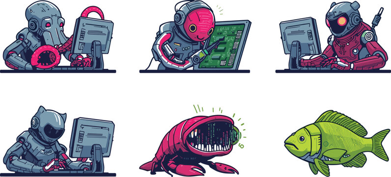 Cute cyberpunk robot hacker cartoon character set typing on computer terminals and fixing electronic circuit boards vector illustration isolated
