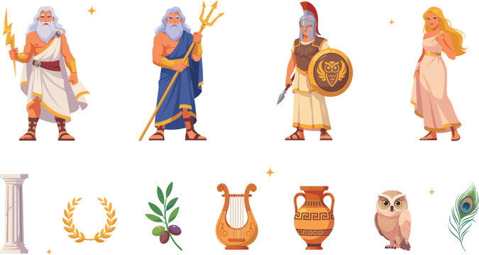 Ancient Greek Gods and Goddesses Vector Set with Zeus, Poseidon, Athena, Ares, Owl, Amphora, Pillar, and Mythological Elements Illustration