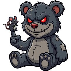 Fototapeta premium A cartoon illustration of a scary teddy bear holding a mouse.