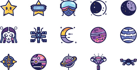  Cute sci fi space astronomy icon set with virtual reality stars planets moon phases satellites and quadcopter drones vector illustration © Sreemotimadhobi