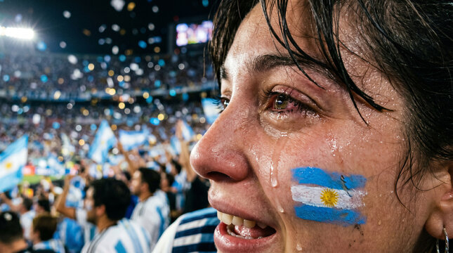 Emotional Argentinian fan with flag painted on cheek crying tears of joy at a soccer match.