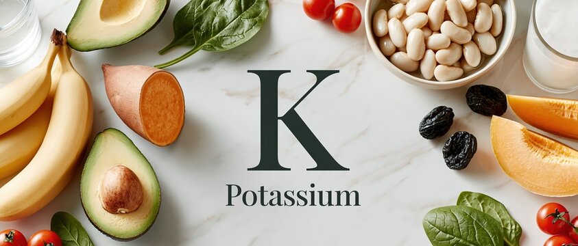 Boost your wellness content with this clean flat lay of potassiumrich foodsavocado, banana, spinach, sweet potato, beans, tomato, melon, and prune arranged on white marble.