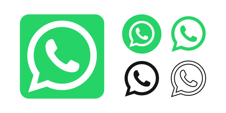 Collection of whatsapp logos and icons in various colors on transparent background