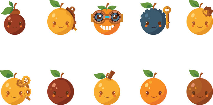  Cute steampunk fruit cartoon character emoji set with orange blueberry wearing brass goggles gears and vintage keys vector illustration
