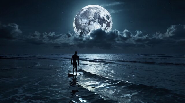  Night surfing under a brilliant full moon, lone surfer riding a luminous silver wave ai