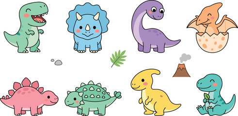 Cute Dinosaur Character Set Featuring Friendly Prehistoric Animals, Baby Dino Hatchlings, Cartoon Creatures, and Colorful Fantasy Vector Illustrations © MdNazmul
