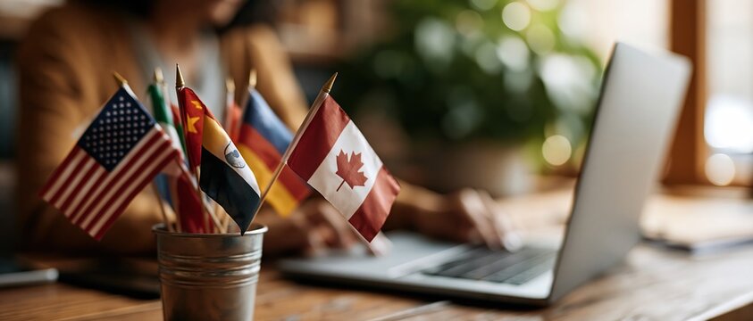 Global connectivity meets modern workspace. Miniature flags from USA, Canada, India, Germany and more surround a laptop, evoking international business, diplomacy, and multicultural.