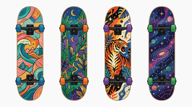 
Collection of custom skateboards featuring a variety of colorful abstract prints.