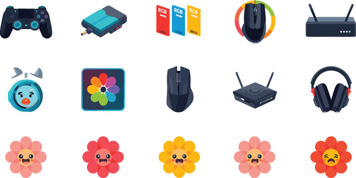 PC gaming peripherals and hardware icon set with wireless mouse gamepad wifi router headphones and cute flower emojis vector illustration