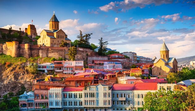 tbilisi old town skyline with historic church and colorful houses on hillside georgia georgian landmark combining architecture culture and urban landscape travel destination in caucasus region