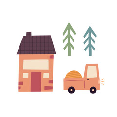 Obraz premium Cute set with cozy house truck and pine trees vector illustration. Perfect for town map creation, children educational stickers, posters, and play mats.