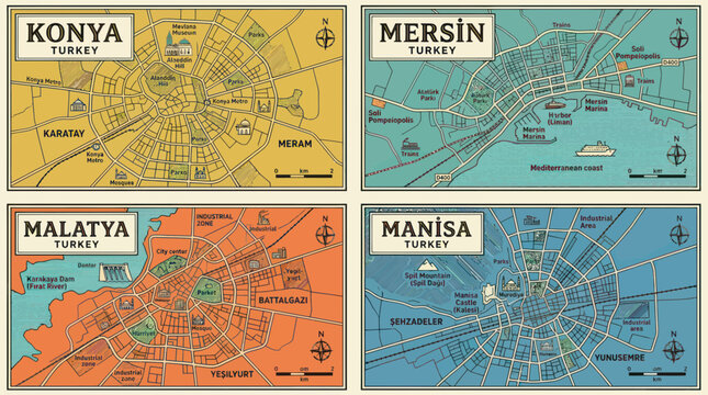 Vintage city maps for konya mersin malatya and manisa in turkey