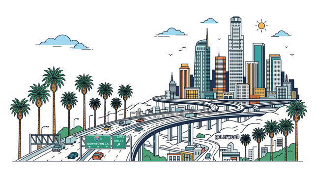 City skyline with busy freeway interchange and tropical palm trees