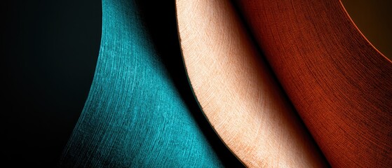 Abstract curves of textured fabric in blue, beige, and rust colors