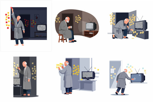Senior man suffering from memory loss and dementia using sticky notes to navigate daily life, conceptual illustration of cognitive decline.