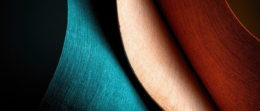 Abstract curves of textured fabric in blue, beige, and rust colors