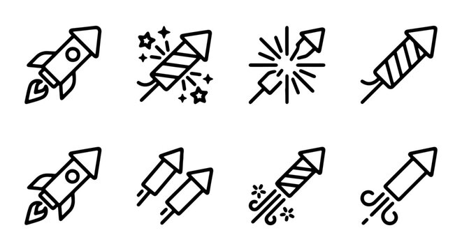 Rocket Fireworks Icons, Celebration Pyrotechnics, Festive Explosions, Vector Graphics