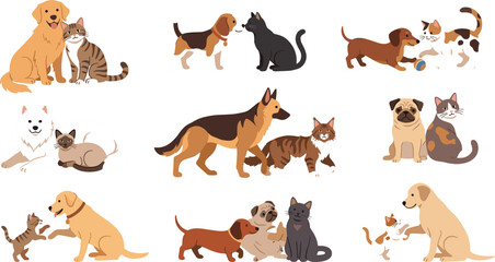 Obraz premium Pixel art dogs and cats sitting and playing with colorful presents Vector