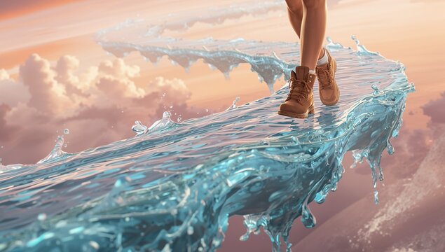 Person Walking on a Floating Ice Path Above the Clouds During Sunset