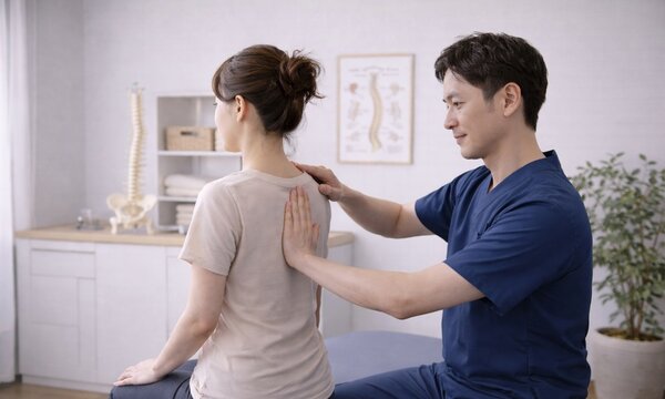 整体院で肩の状態を確認する理学療法士と女性患者の施術風景