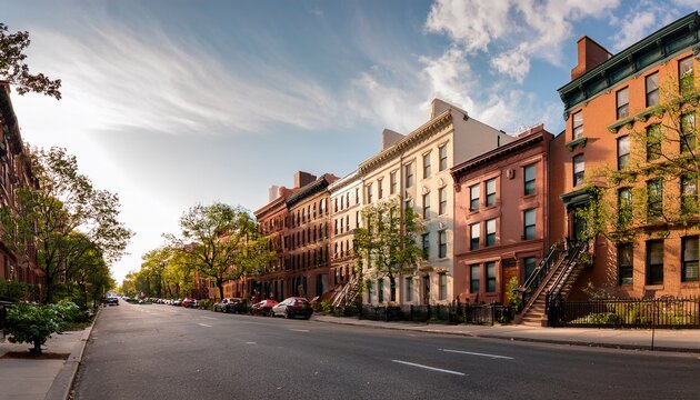 row of beautiful old and fancy townhouses along an empty street on the upper east side of new york city