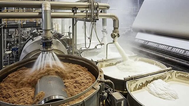 Industrial paper pulp processing machinery in a modern manufacturing facility
