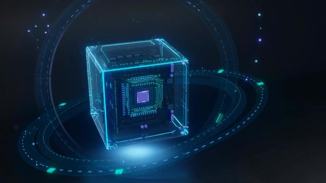 Glowing futuristic microchip with transparent blue circuitry pulsing with energy vibrant technology background