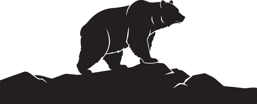 Black bear silhouette, wildlife icon, mountain landscape, vector graphic