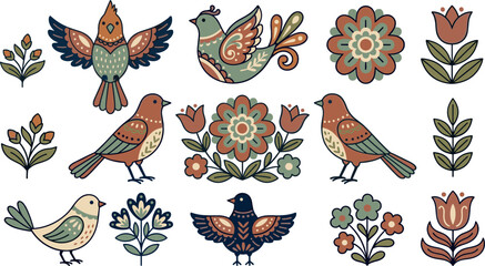 Folk art bird vector illustration collection featuring Scandinavian style floral elements symmetric flowers and ethnic decorative birds on white background © MdMehedi