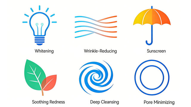Six linear and simple skin care efficacy icons, representing whitening and light lines, sunscreen and fade red, cleaning and closing pores, are suitable for the promotion of essence skin care products