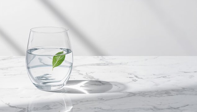 Clear glass of water with floating green leaf on marble surface and white background
