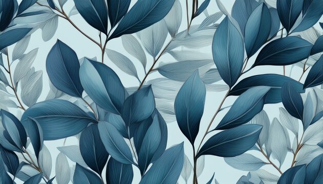 eucalyptus twigs seamless pattern exotic plants branches tropical flora foliage blue floral textile monochrome print realistic botanical wallpaper design