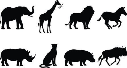 Obraz premium African Wildlife Animal Silhouette Collection with Safari Mammals Vector Set