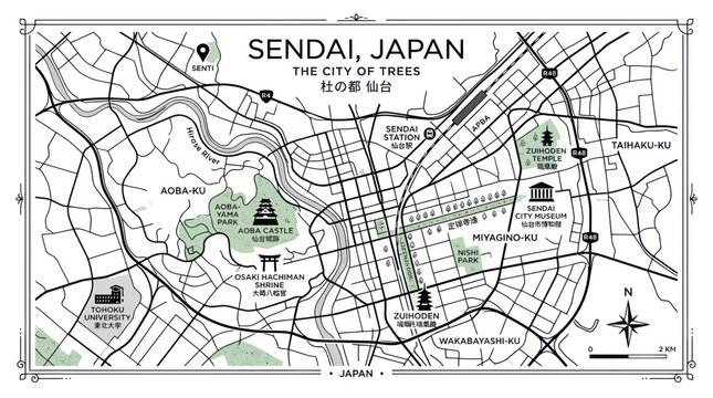Vintage minimalist map of sendai city in japan