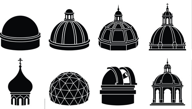Architectural dome types historical cathedral cupolas and modern observatory silhouettes isolated on white background