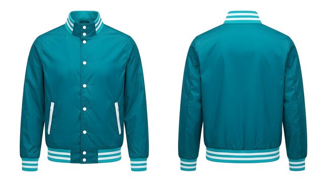 Teal nylon varsity jacket front and back view isolated on white background casual outerwear.