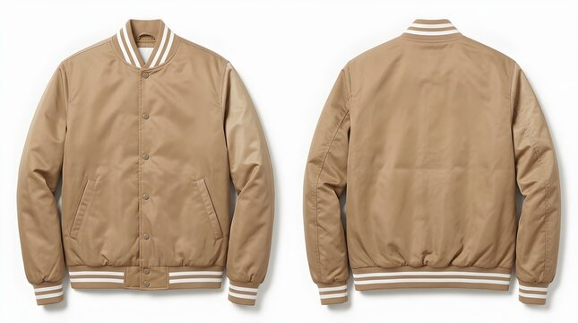 Tan beige satin bomber jacket front and back views isolated on white plain background stu.