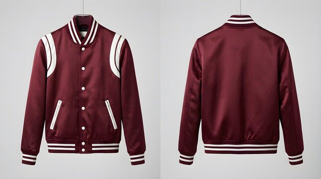 Satin maroon letterman jacket front and back display with white stripe details on shoulde.