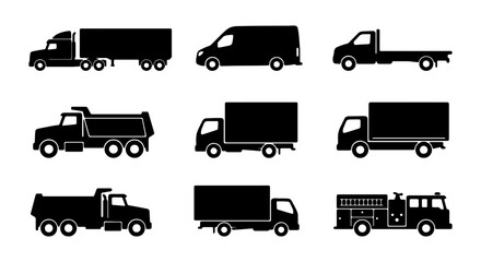 Diverse Truck Collection, Delivery Van, Flatbed, Dump Truck, Fire Truck Icons © Fatema