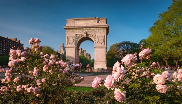 beautiful light pink rose bushes at washington square park in front of the arch in new york city during spring