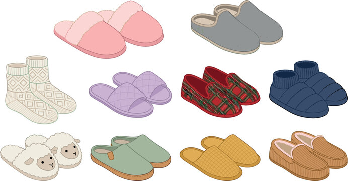 Cozy house slippers vector illustration collection featuring cartoon fuzzy slippers plaid loafers sheep shoes and winter socks isolated on white