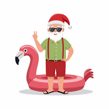 Santa Claus on Vacation with Flamingo Pool Float