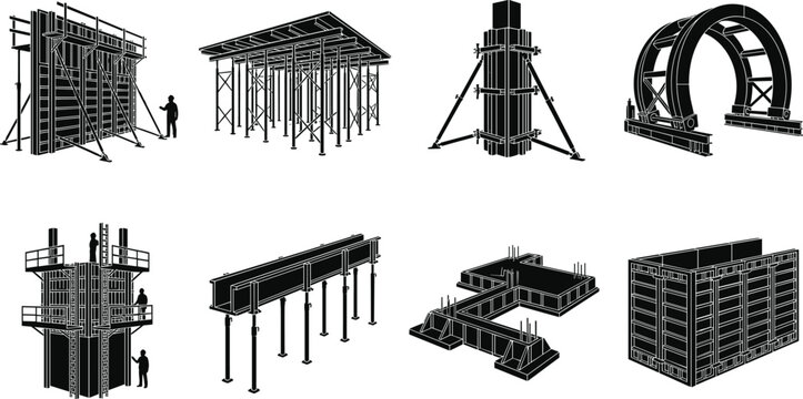 Concrete Formwork and Scaffolding Icon Set Featuring Various Structural Engineering Construction Systems